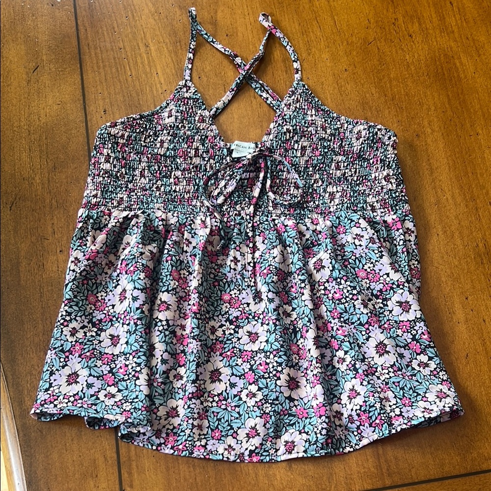 American Eagle Outfitters Pink and Blue Smocked Tie Front Camisole
